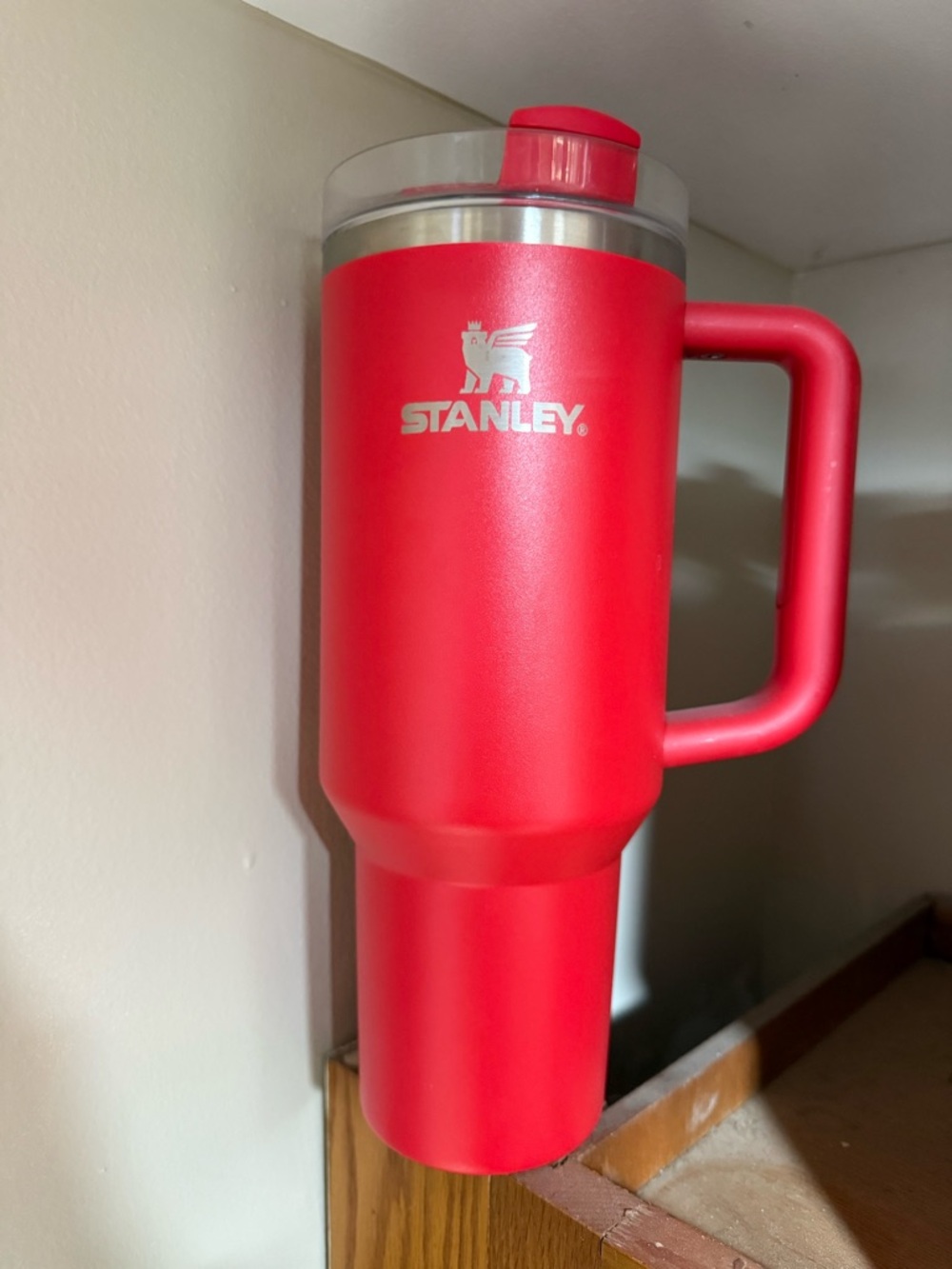 Stanley Red Travel Tumbler with Handle and Spill-Resistant Lid